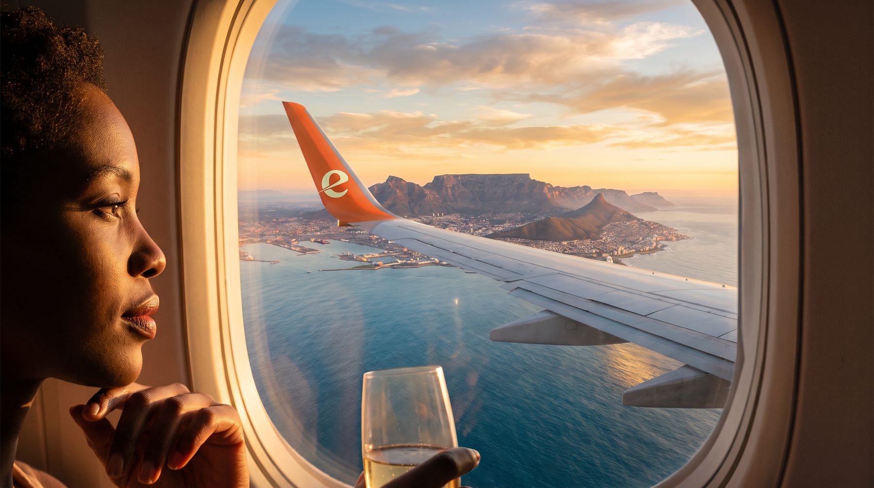 Woman looking out of an aircraft window at Table Mountain and the Cape Town coastline below