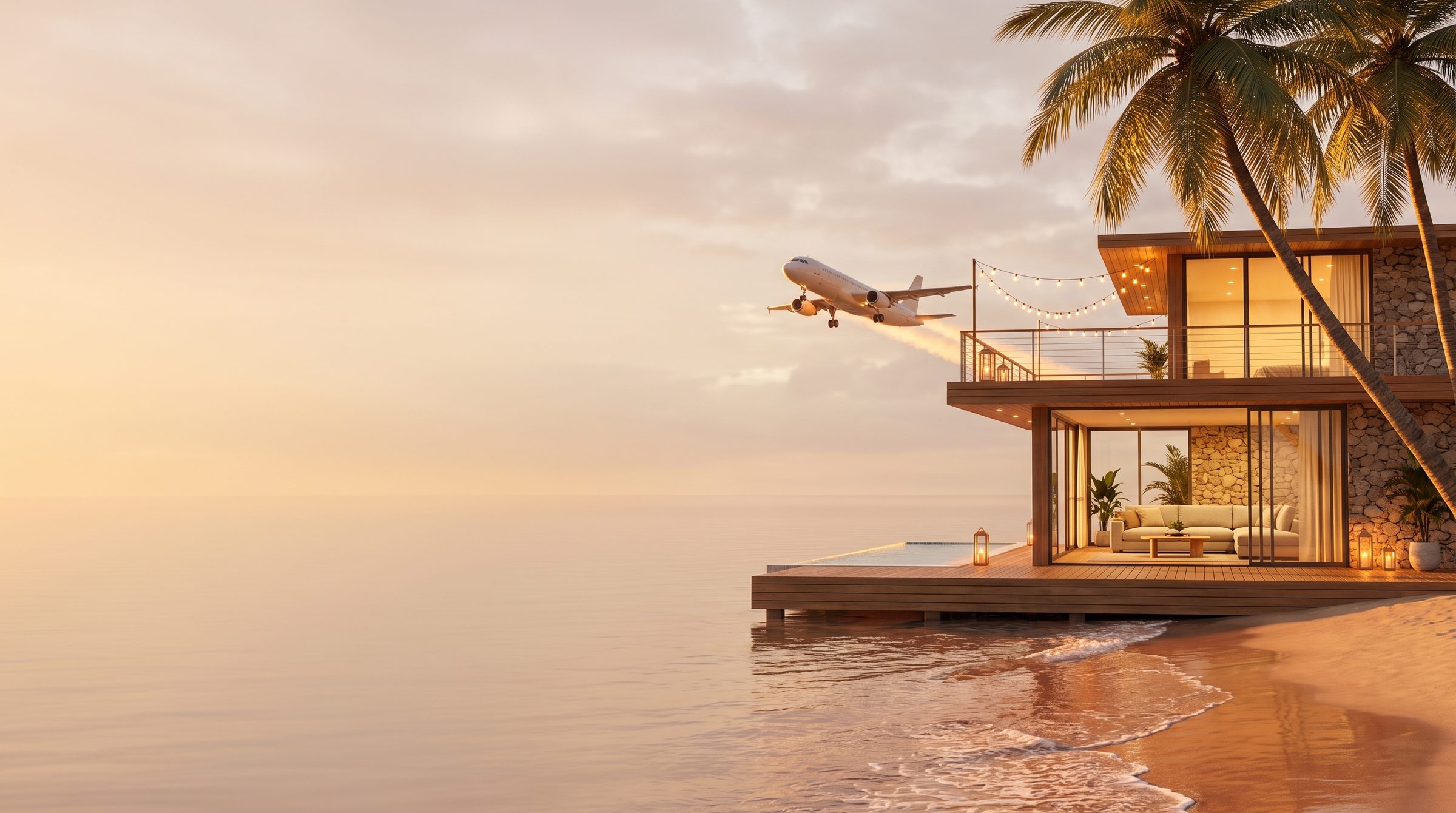 Aerial view of a beach house among palm trees with a small aircraft, framing a Southern Africa getaway