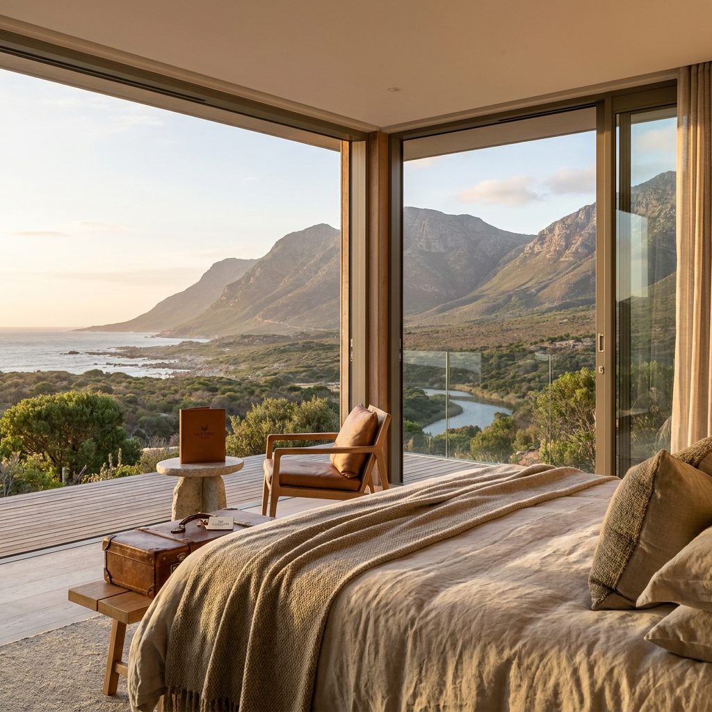 Bedroom interior with open sliding doors onto a deck, overlooking mountains and coastline